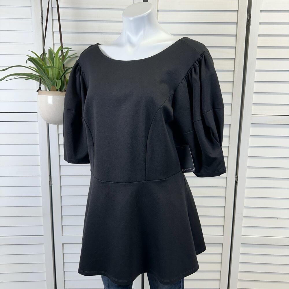 New Eloquii Black Puff Sleeve Peplum Blouse Top Scuba Ponte Back Zip Size 16‎
